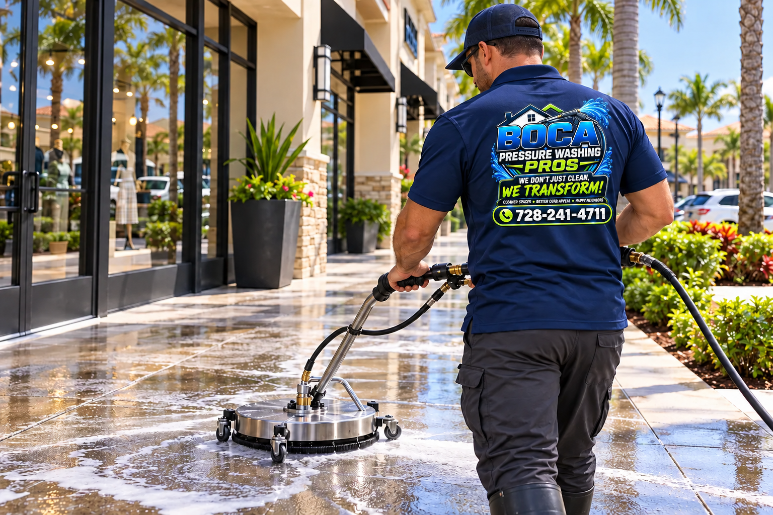 Boca Pressure Washing Pros worker planning commercial pressure washing in Boca Raton