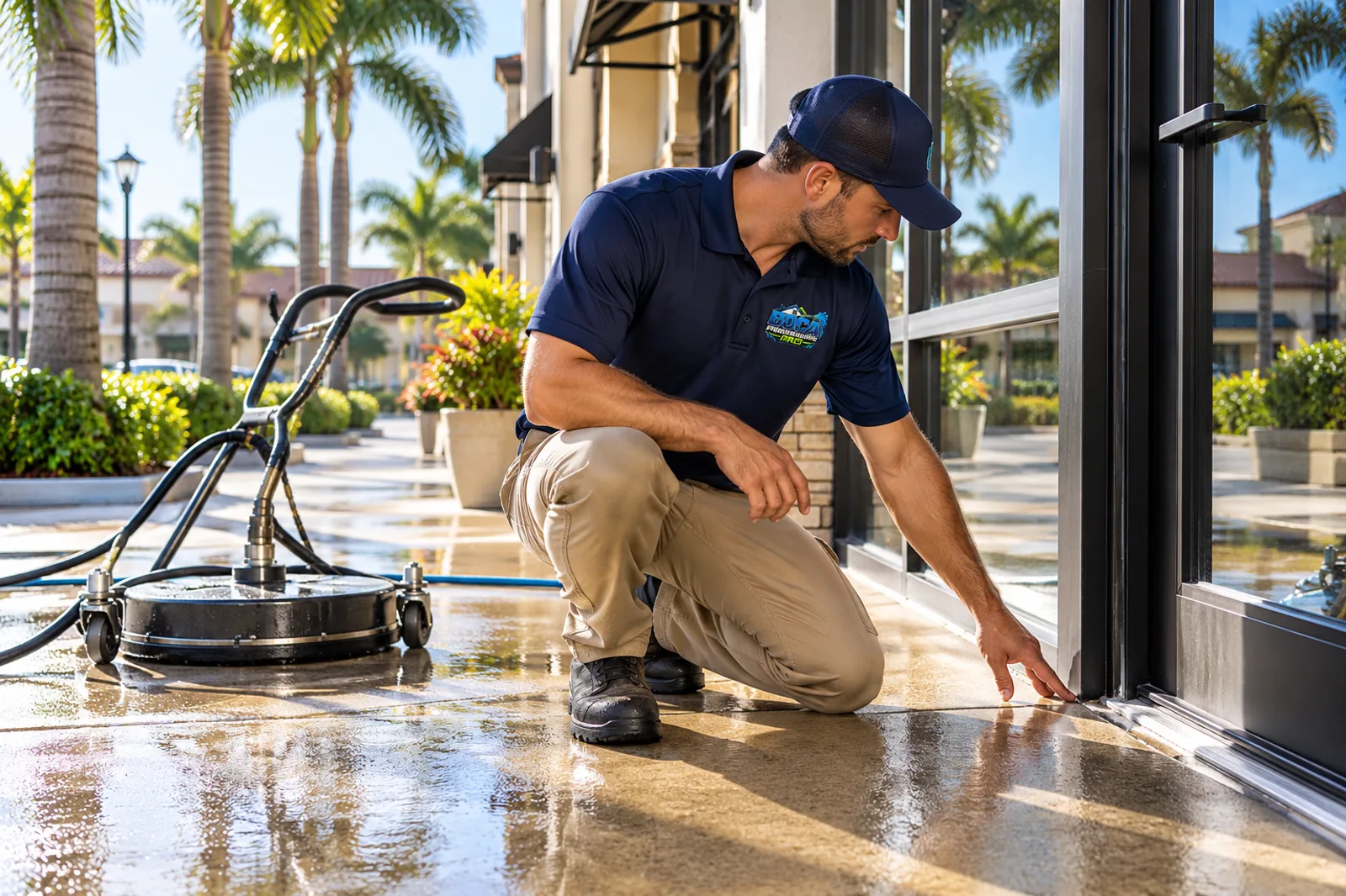 Illustrative uniformed technician checking the threshold and concrete path at a Boca-area storefront