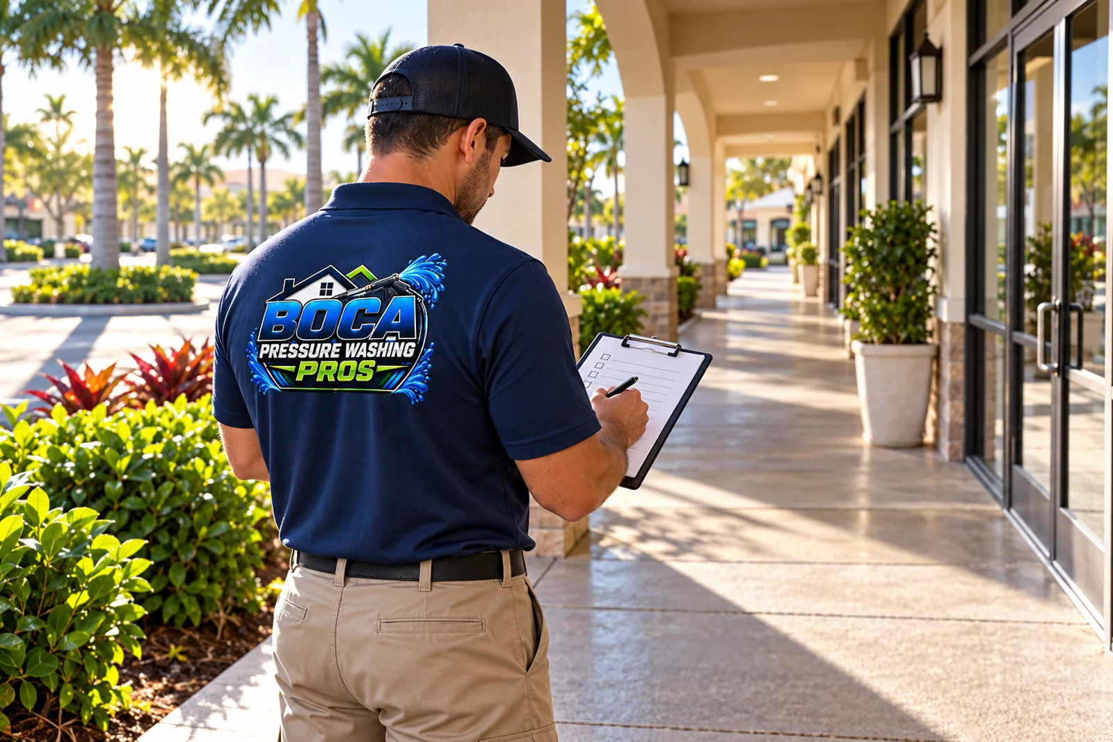 Illustrative Boca Pressure Washing Pros technician reviewing a checklist beside a shared retail walkway