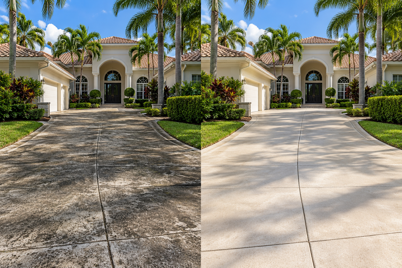 Concrete driveway with dark buildup on one side and a cleaner surface on the other; after view