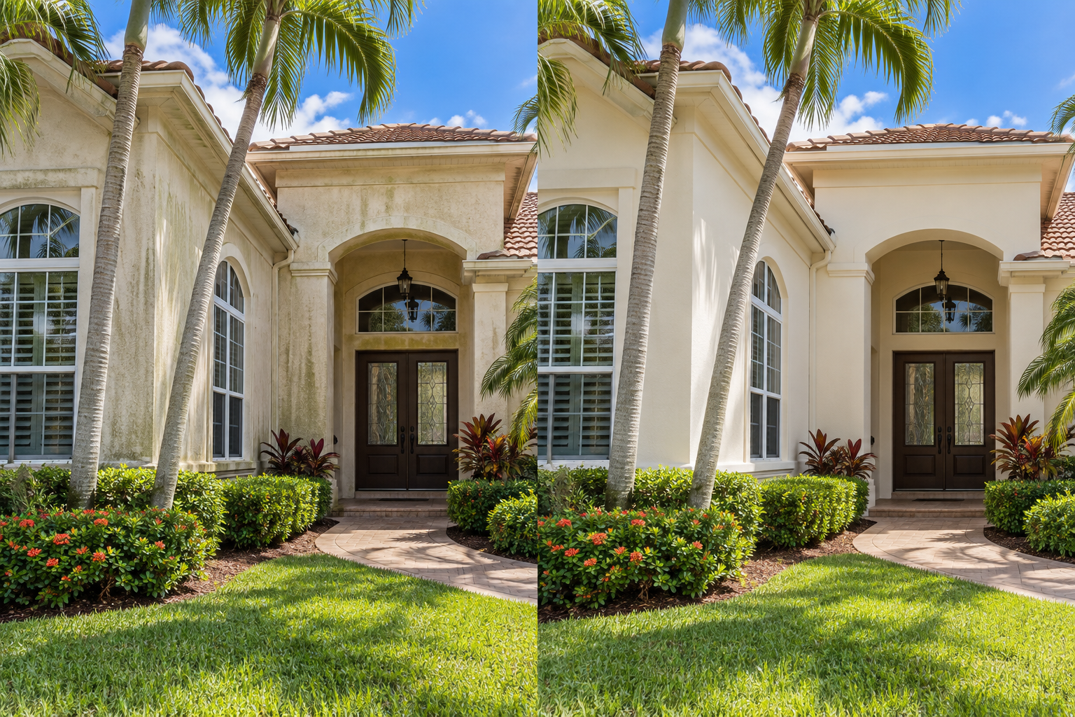 Stucco home exterior with a side-by-side surface condition comparison; after view