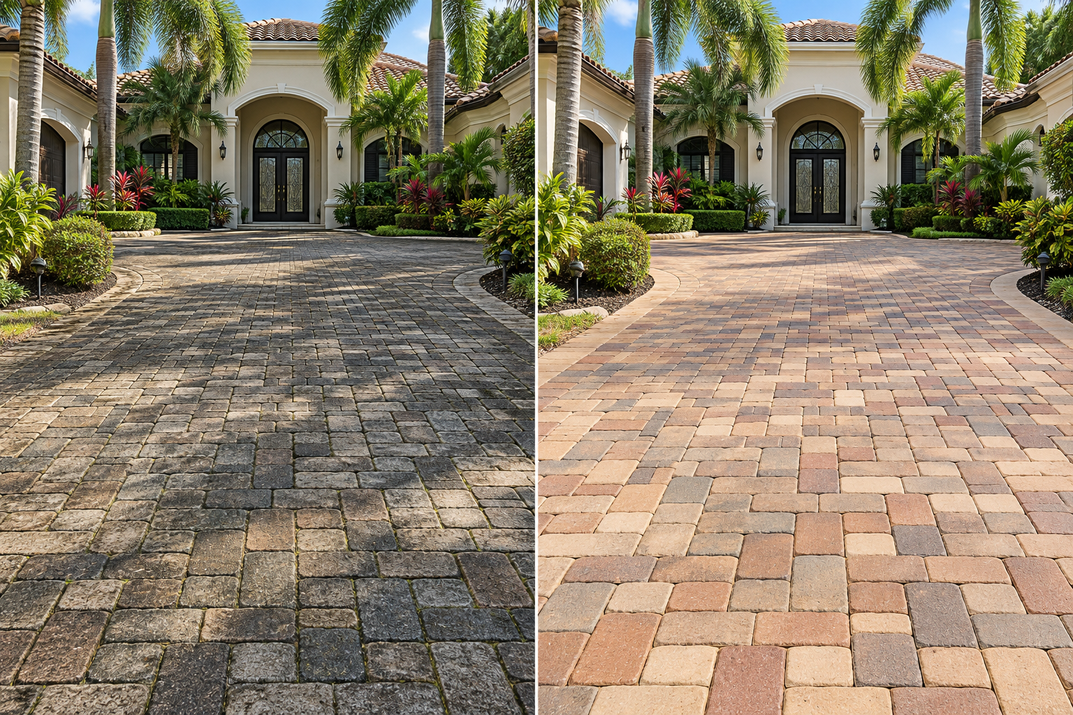 Interlocking paver driveway with a side-by-side surface condition comparison; after view