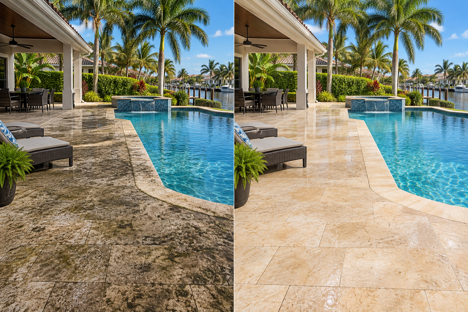 South Florida pool deck with a side-by-side surface condition comparison; after view