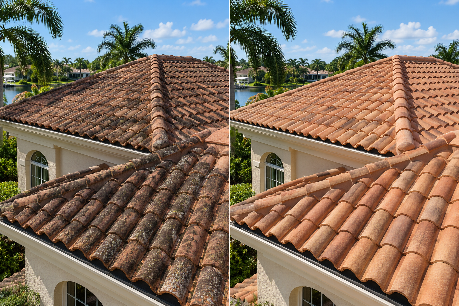 Terracotta tile roof showing a side-by-side surface condition comparison; after view