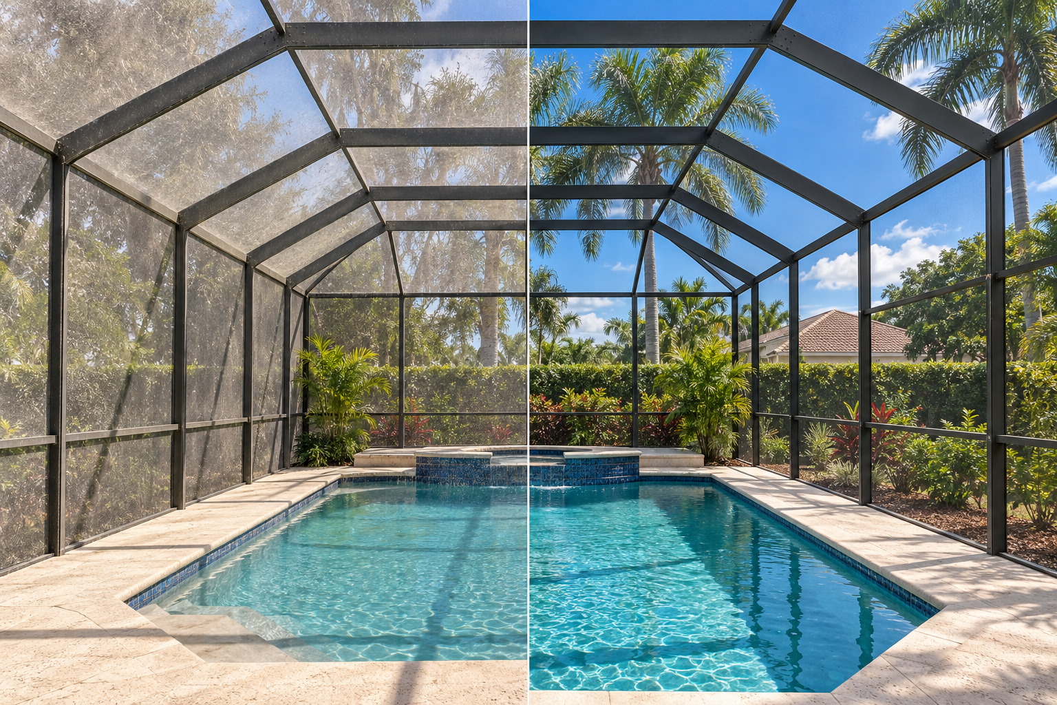 Pool screen enclosure with a side-by-side surface condition comparison; after view