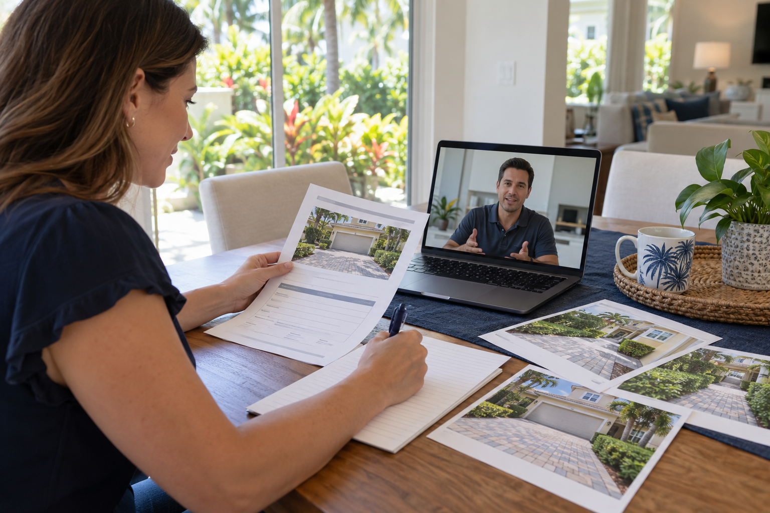 Homeowner reviewing exterior cleaning details and property photos during a community approval discussion