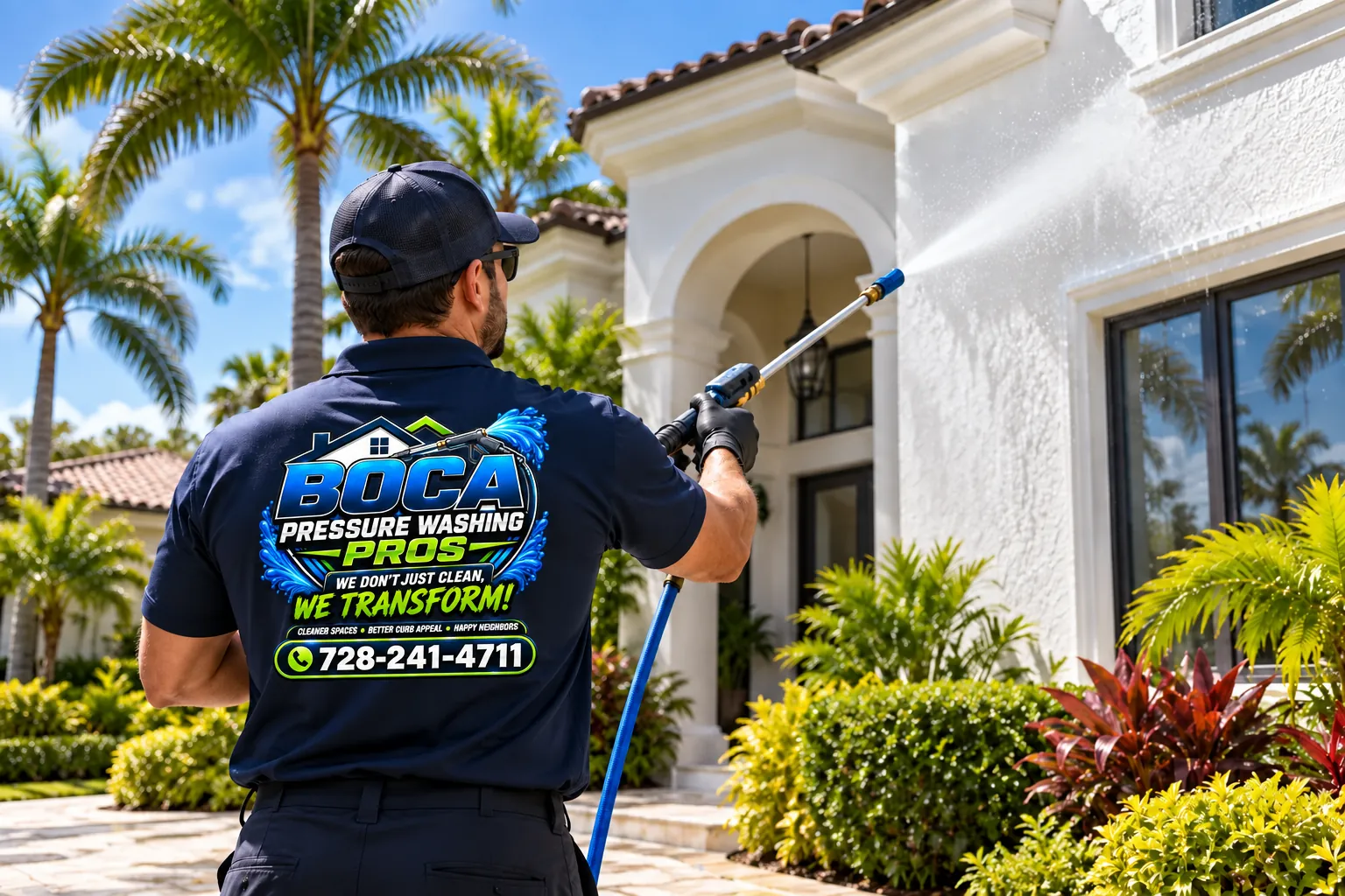 Boca Pressure Washing Pros worker cleaning a South Florida home exterior.