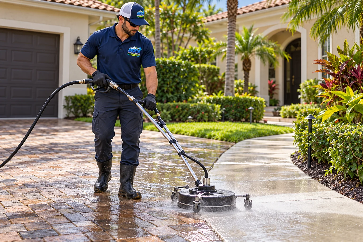 Branded exterior-cleaning worker using a surface cleaner across adjoining pavers and a concrete walk