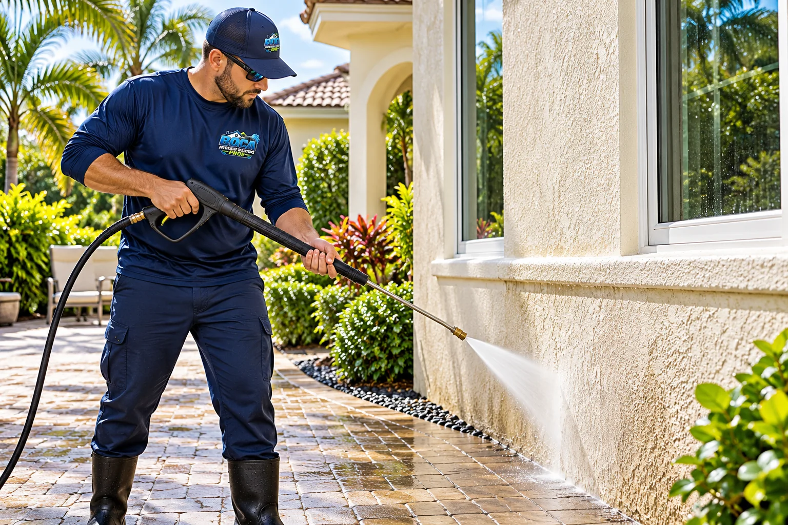 Branded worker rinsing a stucco exterior beside a paver patio at a South Florida home