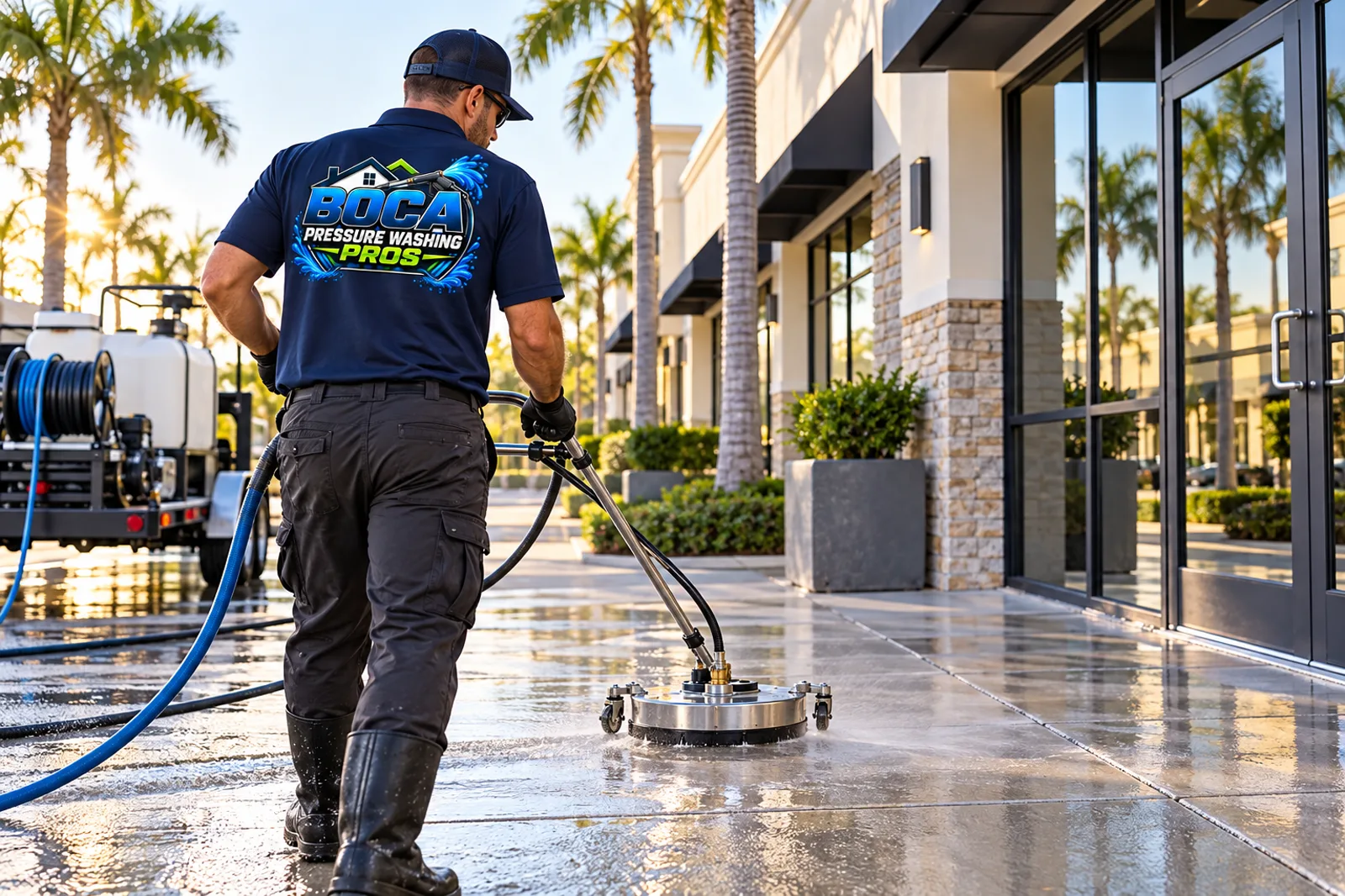Illustrative branded technician cleaning the concrete walkway at a South Florida commercial storefront
