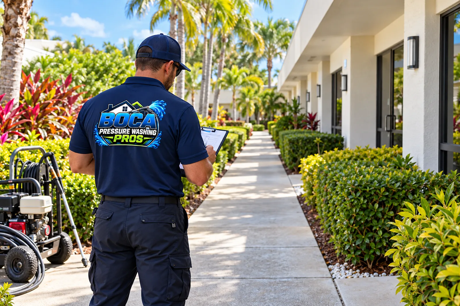 Illustrative branded technician reviewing the walkway and access at a South Florida commercial property
