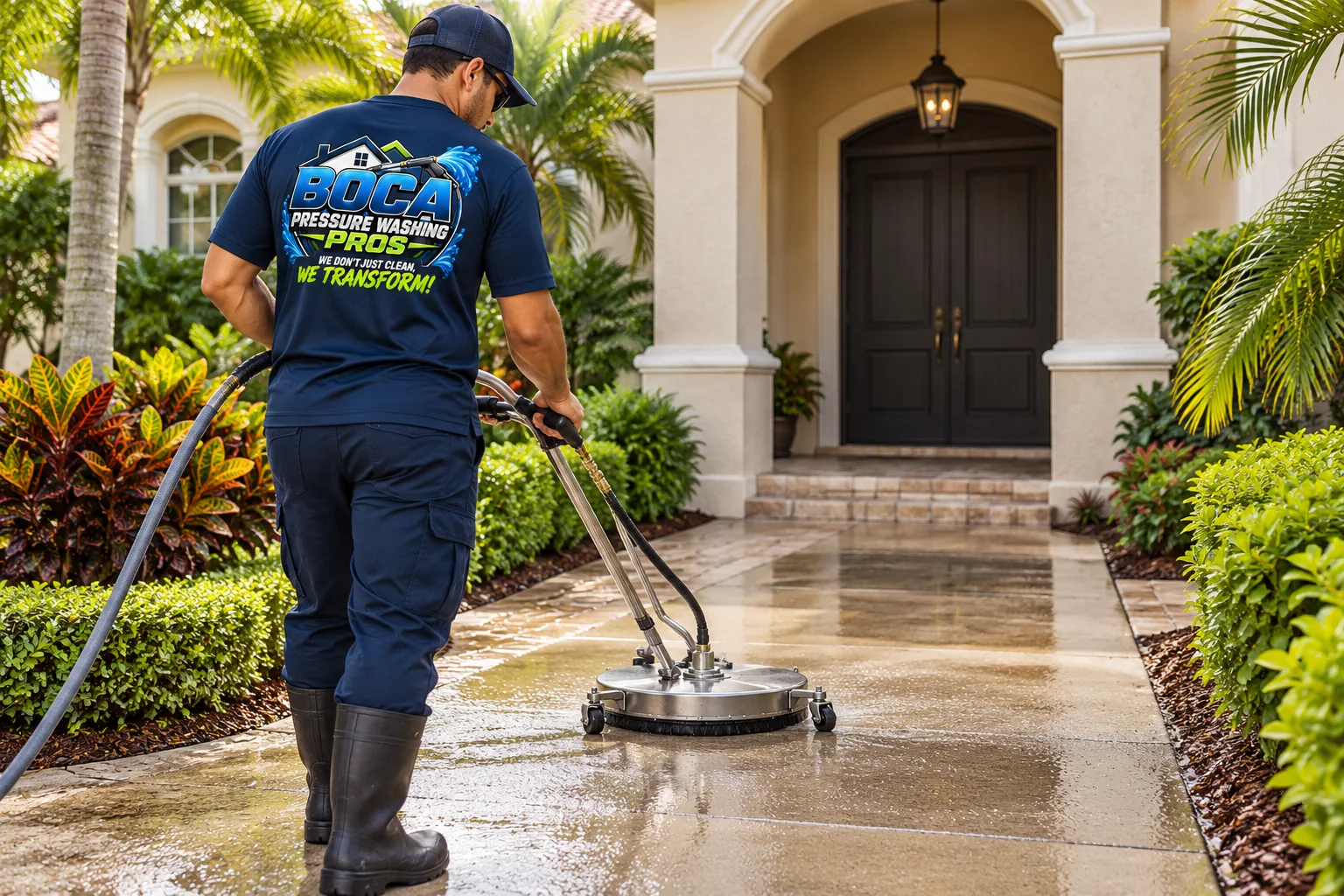 Boca Pressure Washing Pros technician assessing a residential entry walkway before cleaning