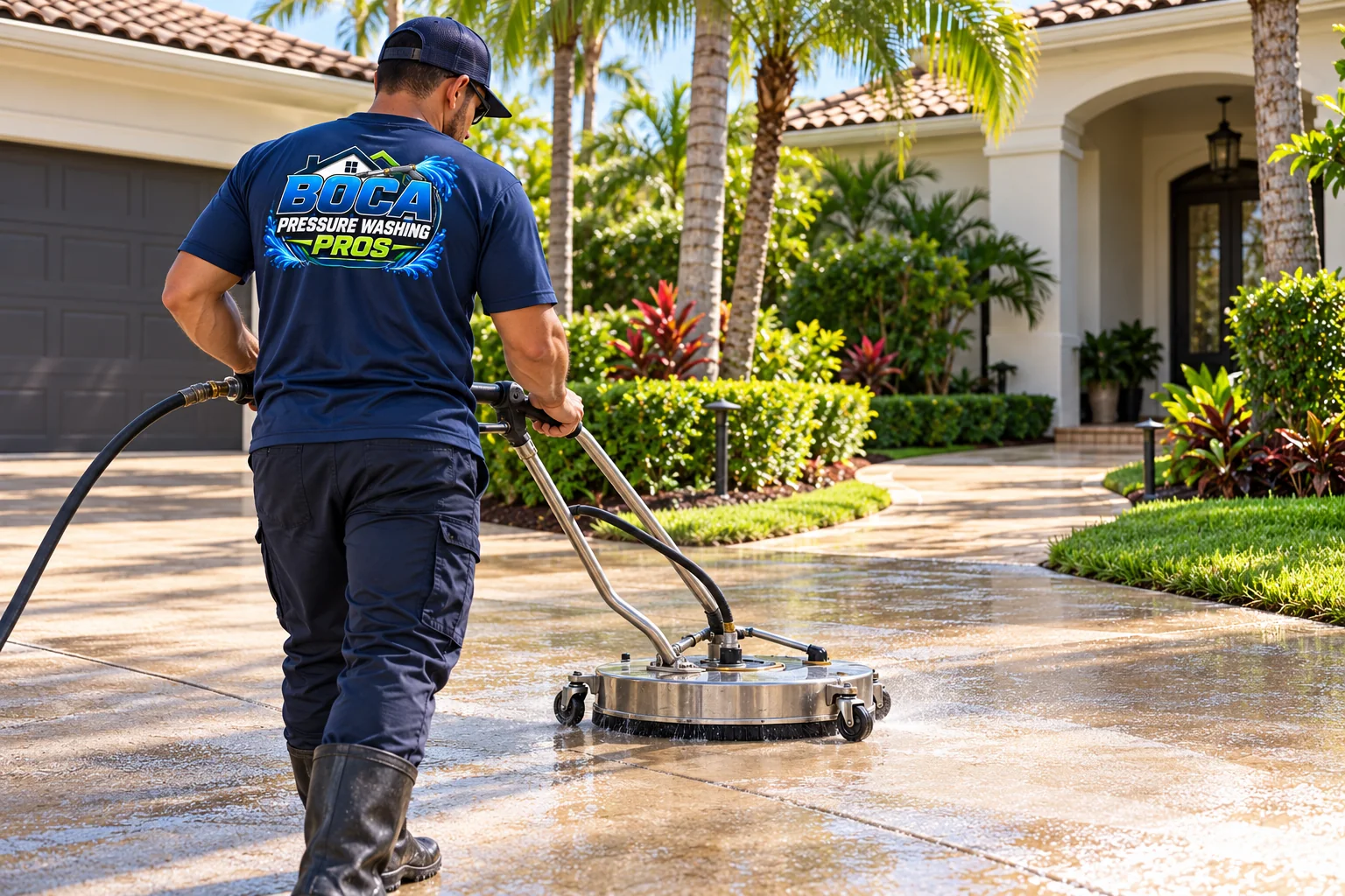 Boca Pressure Washing Pros worker cleaning a concrete front walkway at a South Florida home