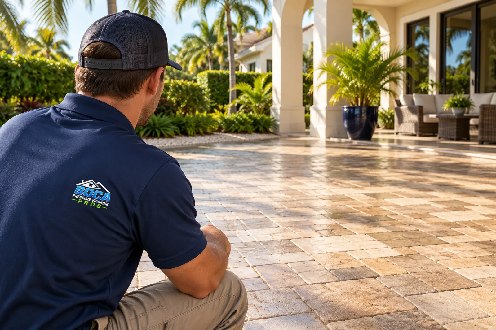 Uniformed technician reviewing a Palm Beach County paver patio before discussing cleaning details