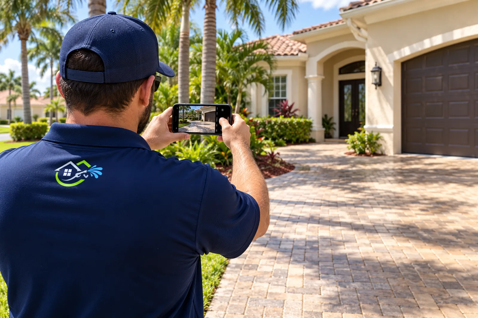 Uniformed exterior-cleaning technician photographing a South Florida home driveway before planning work