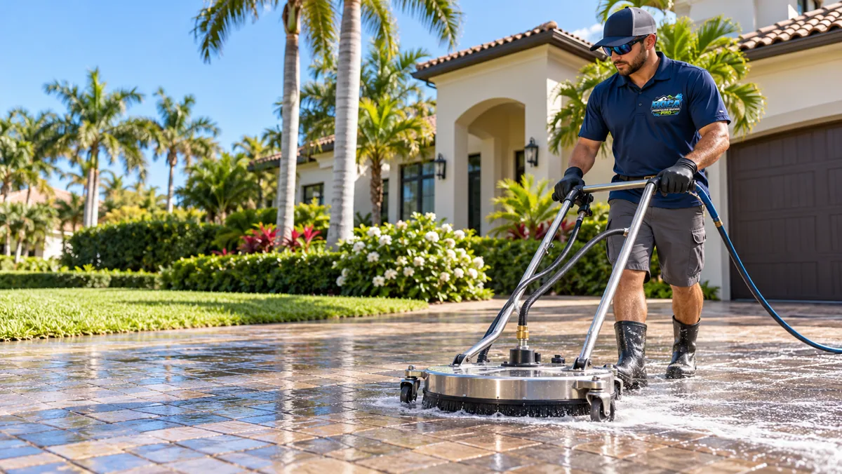 pressure washing services Boca Raton article illustration | Boca Pressure Washing Pros Boca Pressure Washing Pros worker in the company uniform cleaning a paver driveway at a tropical Boca Raton home
