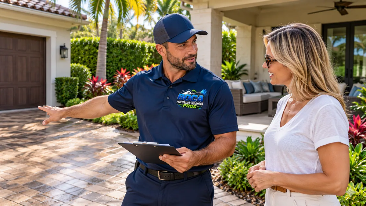 Discussing pressure washing service scope for a Boca-area property Boca Pressure Washing Pros worker discussing an exterior-cleaning plan beside a South Florida driveway
