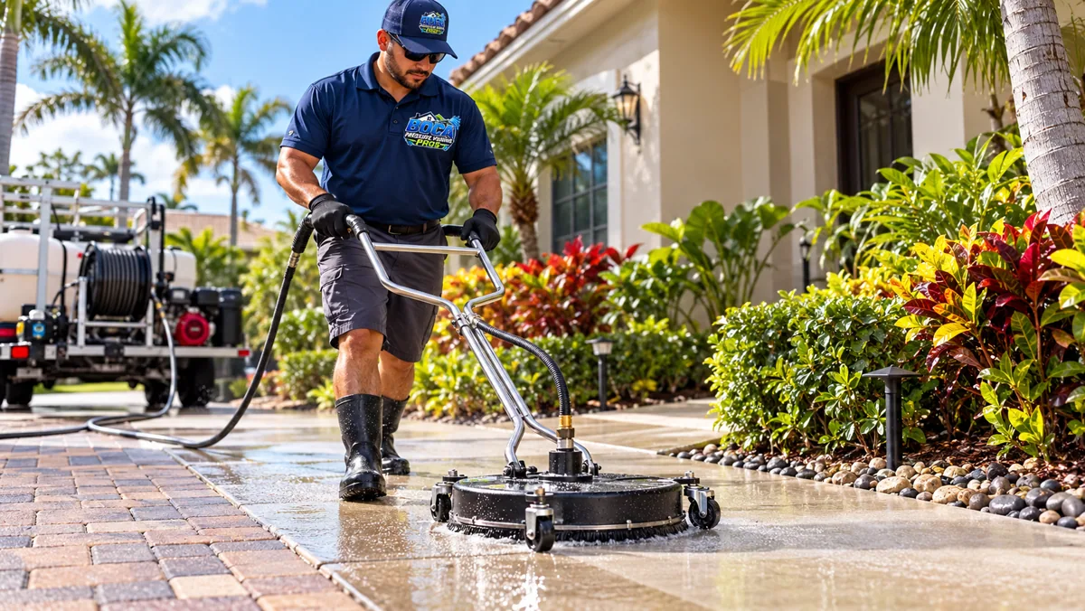 Concrete walkway and pavers · Boca Raton exterior cleaning Company-uniformed Boca Pressure Washing Pros technician cleaning a concrete walkway beside pavers