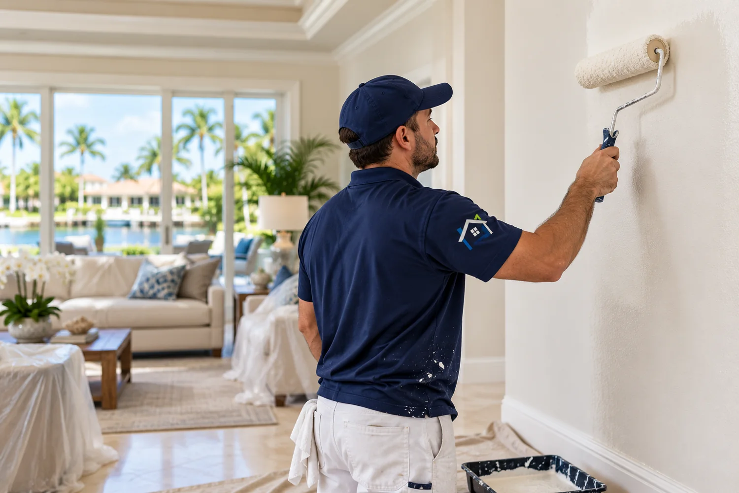 Boca Pressure Washing Pros branded painter rolling a fresh coat on a South Florida living room wall