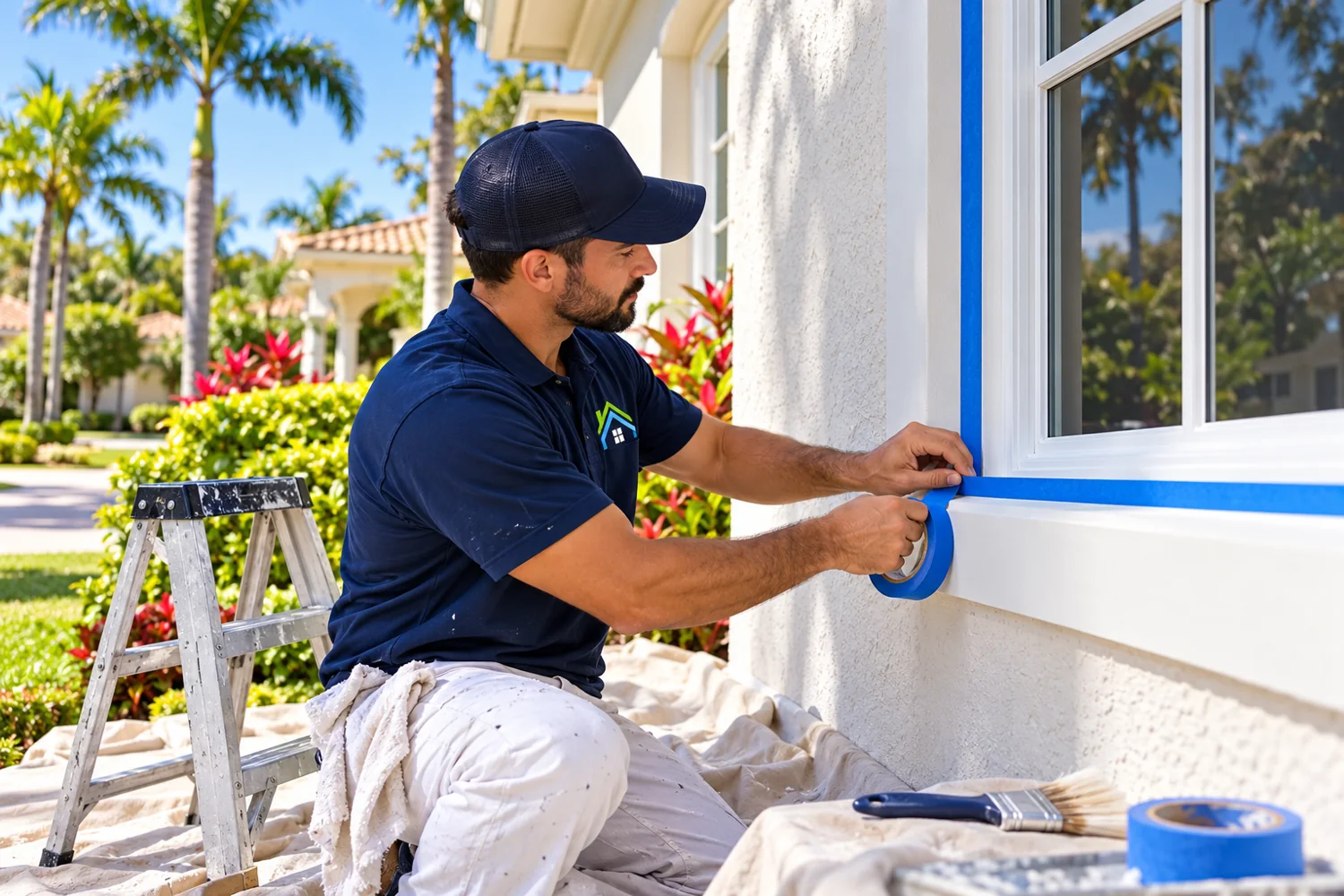 Boca Pressure Washing Pros branded painter masking window trim on a stucco Boca Raton home