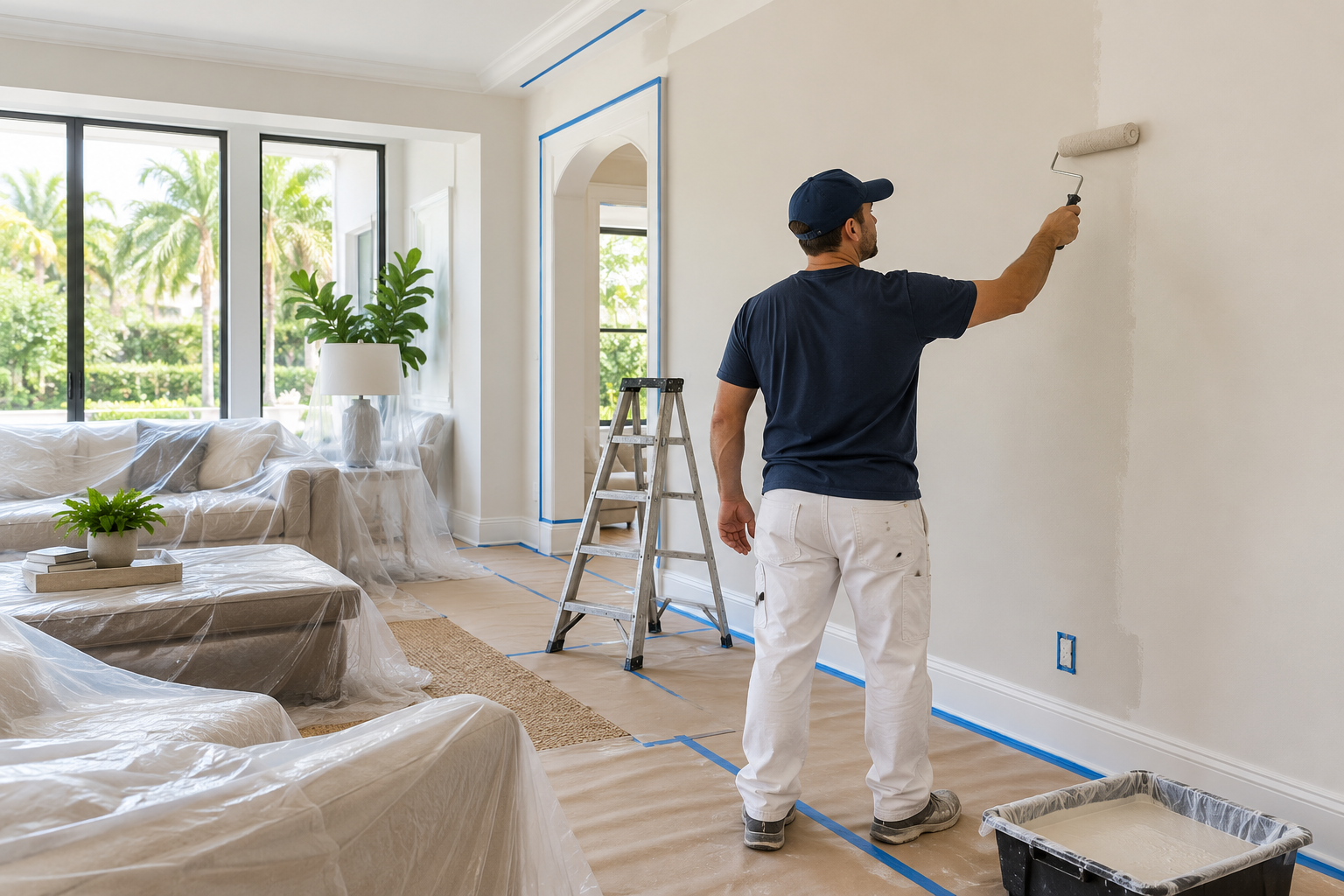 Professional painter rolling a neutral wall color in a carefully protected Boca Raton living room