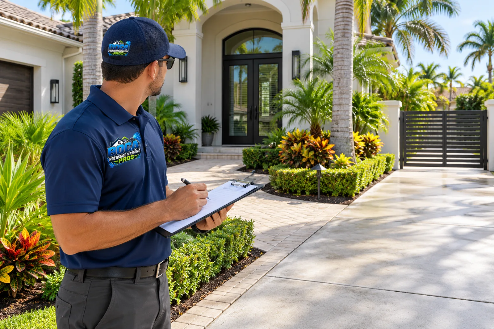 Illustrative uniformed technician reviewing a home's driveway, entry walk, landscaping, and gate access