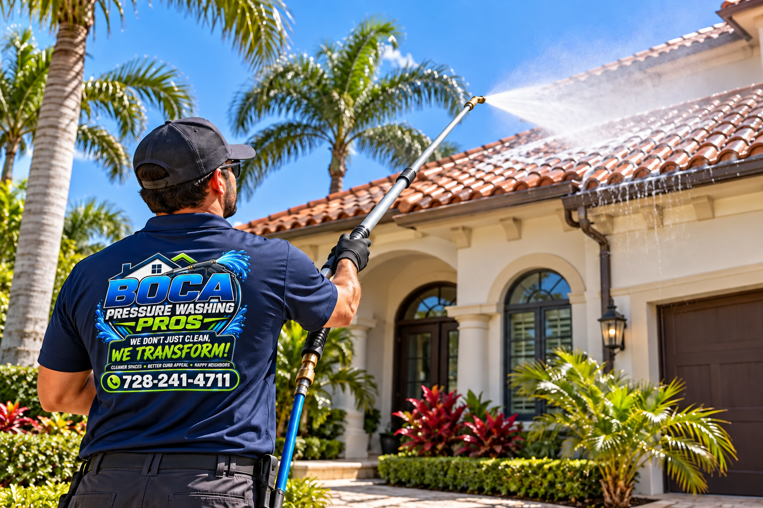Boca Pressure Washing Pros worker preparing a soft-wash estimate in Boca Raton